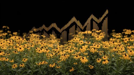 Fototapeta premium Vibrant Yellow Flowers with Abstract Data Visualization Overlay in Dark Background for Creative Concepts