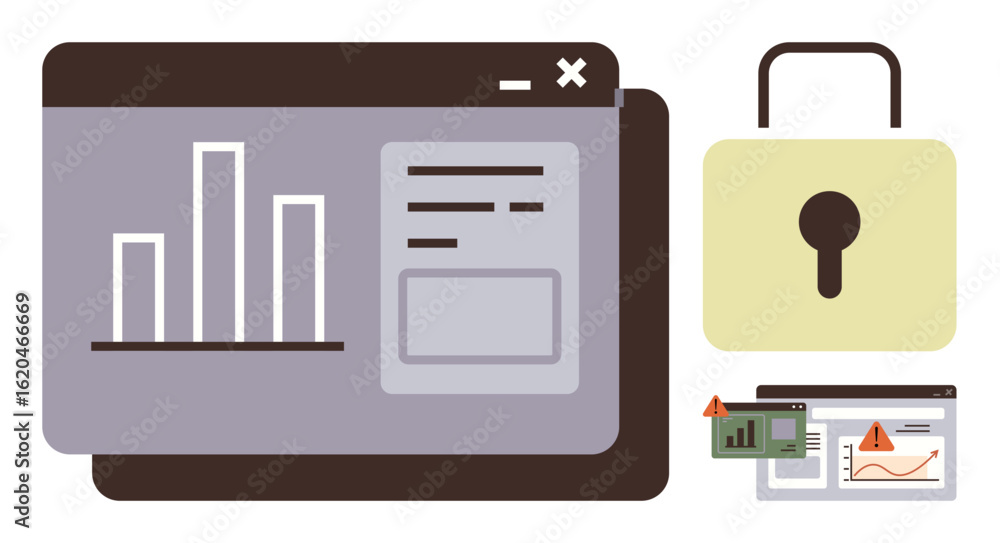 Poster web page with bar chart, notifications, and lock conveying data protection. ideal for cybersecurity,