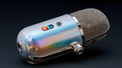 Close-up of a modern microphone with iridescent finish.