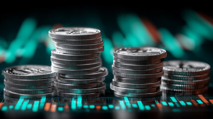 Stacks of reflective silver coins stand tall before dynamic teal market graphs, illustrating capital accumulation and active investment strategy.
