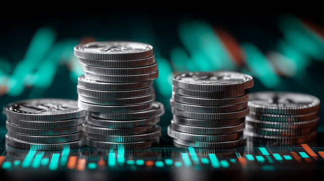 Stacks of reflective silver coins stand tall before dynamic teal market graphs, illustrating capital accumulation and active investment strategy.