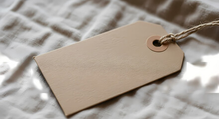Close-up of a Small Rectangular Kraft Tag on Wrinkled Cotton Fabric