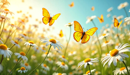 Bright butterflies flutter gracefully over a sunlit field of white daisies against a bokeh of grass, chamomile, blue sky in a soft glow and dreamy atmosphere of an serene summer morning. AI-Generated