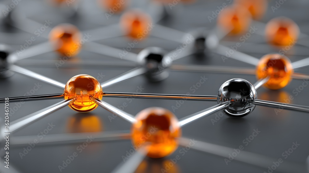 Poster interconnected spheres in a geometric network pattern.
