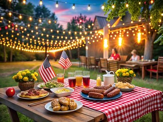 Fototapeta premium Backyard barbecue party with american flags, string lights and delicious food for independence day celebration