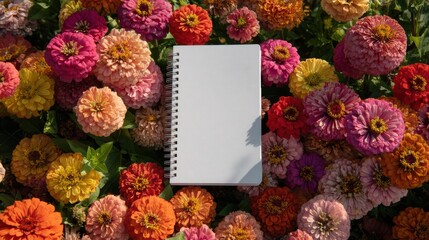 Blank Notepad Surrounded by Colorful Flowers in Bright Garden Setting