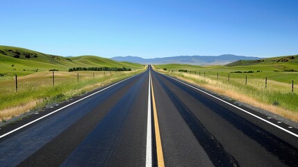 Fototapeta premium Highway Horizons: Dynamic Picture of Asphalt Highway – Smooth Black Pavement Cutting Through Green Fields and Distant Hills, Yellow Center Lines, Roadside Guardrails, and Trucks Speeding Under a Cloud