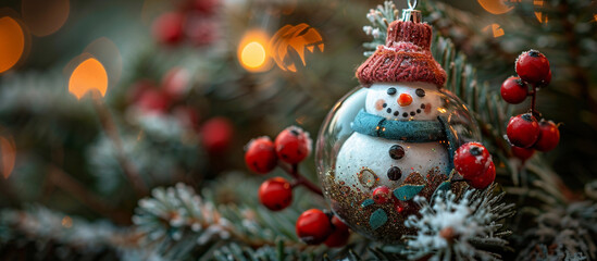 Snowman ornament hangs on snowy tree with festive lights