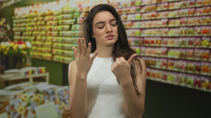 Woman counting fingers in market aisle lined with seed packet displays under fluorescent lights;...
