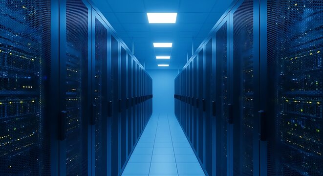 Photo of a server room is filled with rows of computers and data storage systems