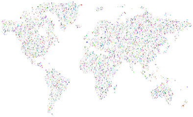 Dotted colourful squire shape world map showing geographic land in abstract style. Perfect for global themes, educational infographics and modern background design.
