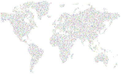 World map dotted with squire multicolour shapes showing colourful continents. A modern theme for global business visualization and abstract cartographic concepts.