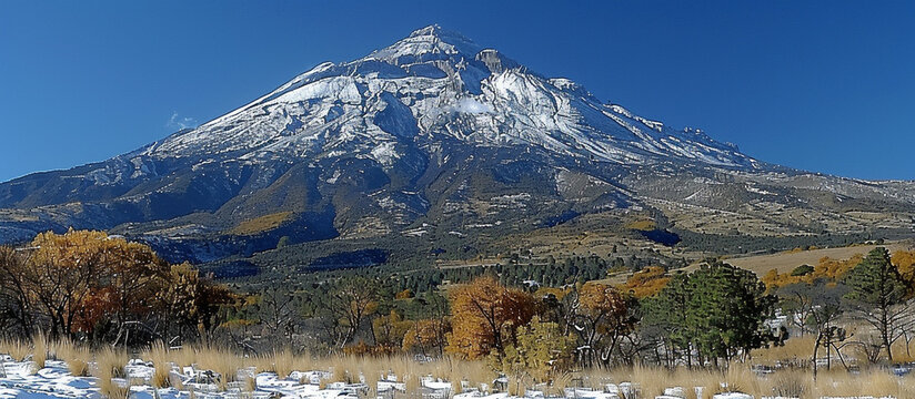 Snow-capped volcano towers over autumn foothills, clear sky - Powered by Adobe