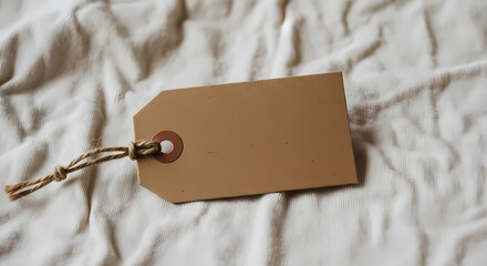 Close-up of a Small Rectangular Kraft Tag on Wrinkled Cotton Fabric