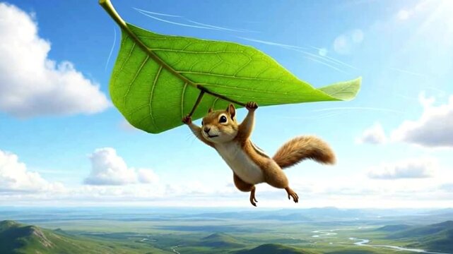 Chipmunk Gliding Through the Sky on Leaf &ndash; Suitable for Animation and Storytelling Use