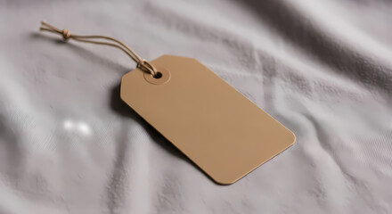 Close-up of a Small Rectangular Kraft Tag on Wrinkled Cotton Fabric