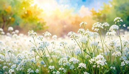 Radiant white flowers in sunkissed grass, a serene nature scene sunlit.