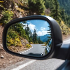 Fototapeta premium Mountain road reflected in car side mirror