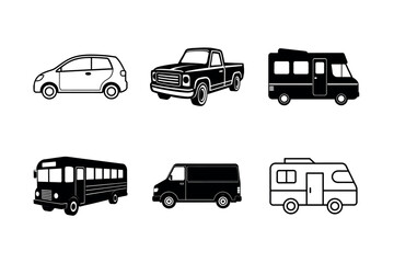 Six vehicle icons in black and white pickup truck camper van
