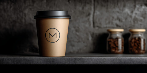 Coffee cup with logo on stone counter beside glass jars filled with coffee beans

