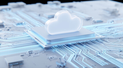 A translucent cloud icon emerges from a microchip, visualizing edge computing and seamless integration of cloud services directly on silicon hardware.
