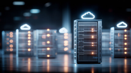 Neon cloud symbols hover above sleek server cabinets in a data hall, illustrating scalable cloud hosting and the backbone of modern digital infrastructure.