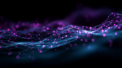 Vibrant magenta particles dance along flowing cyan threads against a dark void, evoking neural networks and dynamic currents of digital information.
