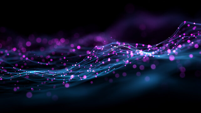 Vibrant magenta particles dance along flowing cyan threads against a dark void, evoking neural networks and dynamic currents of digital information.
