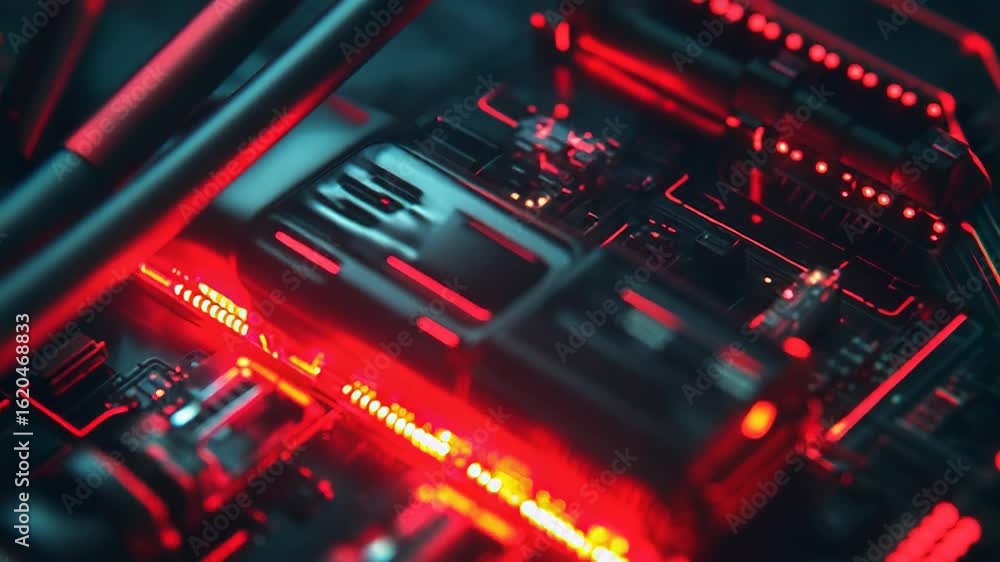 Poster futuristic circuit board pulsating with red light, a glimpse into tomorrow's technology