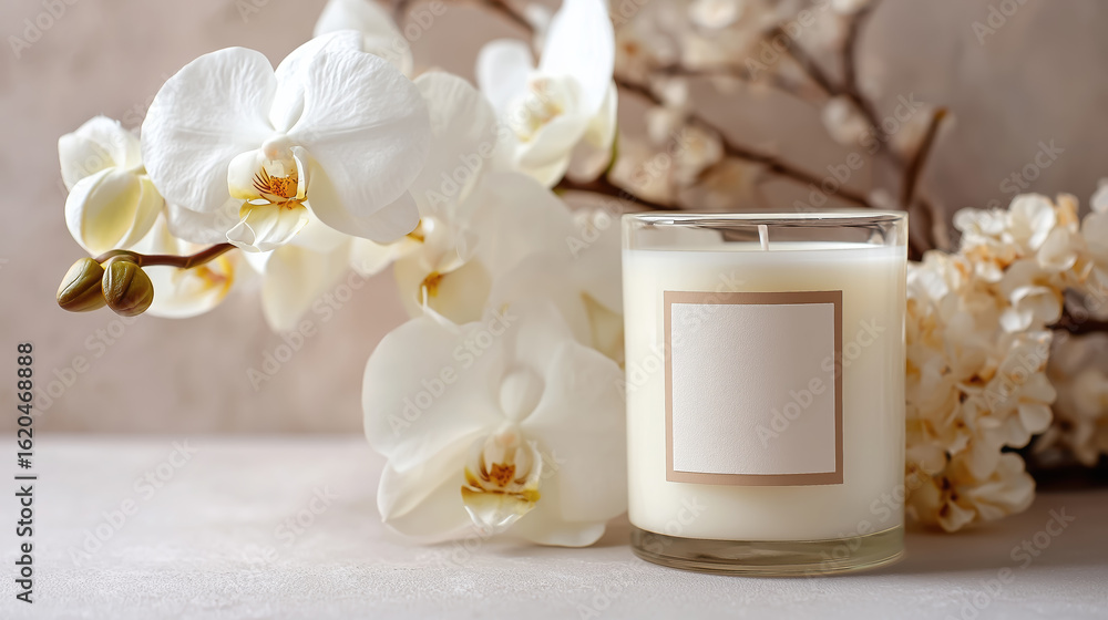 Poster elegant candle surrounded by delicate white orchids and soft floral accents, creating a serene atmos