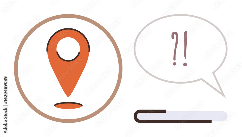 Poster orange location pin within a circle, speech bubble with punctuation, and progress bar. ideal for nav