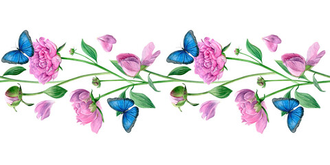 Seamless border with pink peonies and blue butterflies. Watercolor summer flowers isolated on a white background. Good for wallpaper, fabric and greeting cards