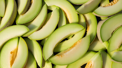 Freshly sliced cantaloupe melon, perfect for summer refreshment, healthy eating, and vibrant food photography