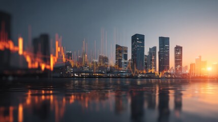 Fototapeta premium Financial data visualization over a modern city skyline at sunset