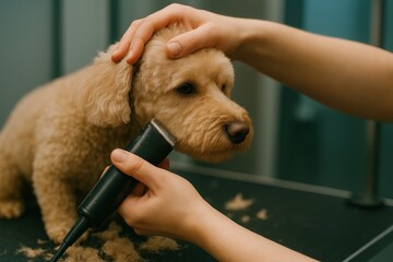 Close-up dog grooming at a modern salon—showcasing pet-safe tools and expert techniques. Ideal for grooming salon ads, pet care marketing, and International Dog Day.