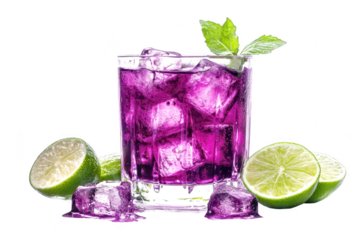 Refreshing purple beverage with ice and lime slices isolated on transparent background