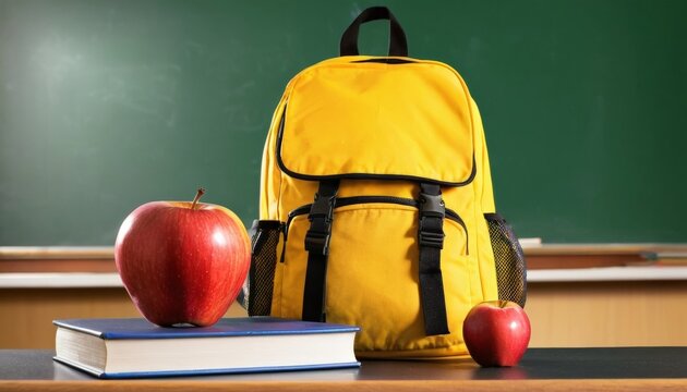 Vibrant yellow backpack and stack of books topped with a red apple sit on of a school desk, side lit against a green chalkboard, with empty space for text. concept - back to school.
