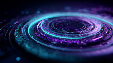 Radiant concentric cyber rings swirl in violet and teal, evoking a data vortex of quantum processing and futuristic digital pathways.
