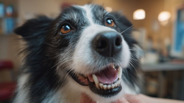 Close up of a dog receiving professional teeth cleaning at a groomer salon, showcasing premium pet dental care ideal for pet care brands, veterinary clinics, and grooming services.