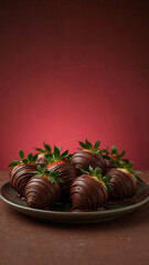 Decadent Chocolate Covered Strawberries on a Plate with Elegant Red Background Perfect for Valentines Day