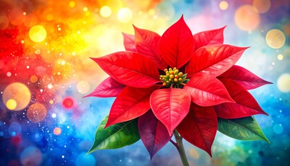 Vibrant red poinsettia with lush green leaves against a serene blue backdrop for the holiday season.