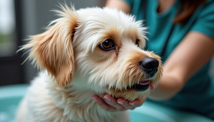 Close-up of a dog being bathed with professional grooming cosmetics in a salon setting a premium petcare visual perfect for grooming brands, pet health campaigns, and veterinary services.