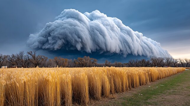 A panoramic view of a snowstorm rolling in over a field, low clouds churning, wind kicking up powdery snow, and fading visibility