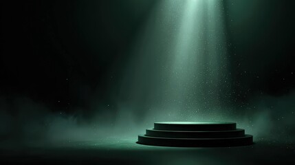 Empty stage podium with glowing spotlight and dust particles, perfect for product display or abstract background.