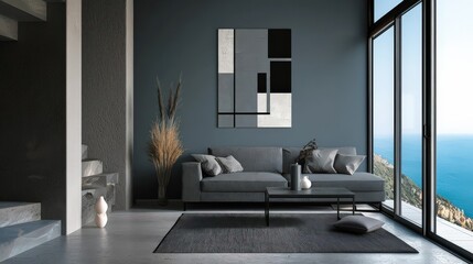 Modern luxury living room with a comfortable sofa, minimalist decor, and a stunning ocean view.