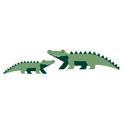 Crocodile family, flat vector illustration of wild reptiles. Parent and baby crocodile in cartoon style for kids posters, zoo themes, jungle wildlife or educational materials.
