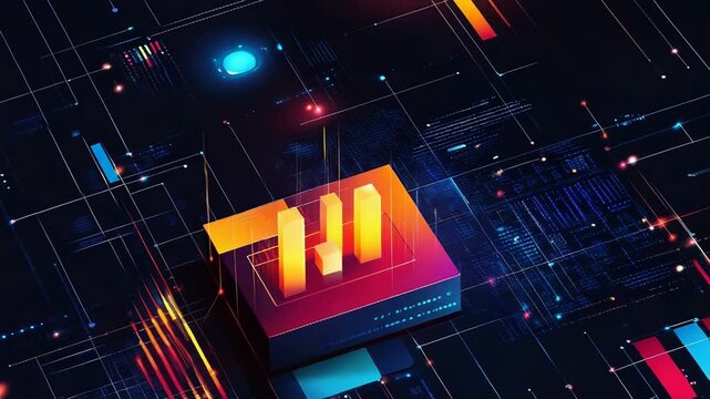 Glowing isometric server processing big data and showing statistics