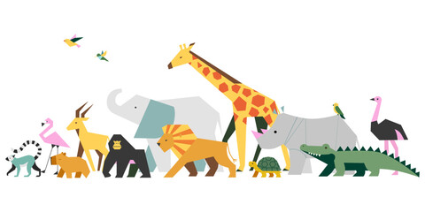 Wild Safari Animals Vector Illustration, Flat Jungle Wildlife Print with Giraffe, Elephant, Rhino, Lion, Crocodile, Birds and Amphibians. Perfect for banners, posters, educational materials