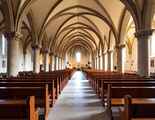 Fototapeta premium Grand church interior, arches, pews