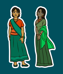 Cartoon Illustration of Indian Women Wearing Sarees